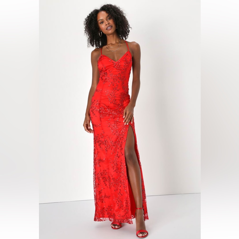 Red sequin backless maxi dress